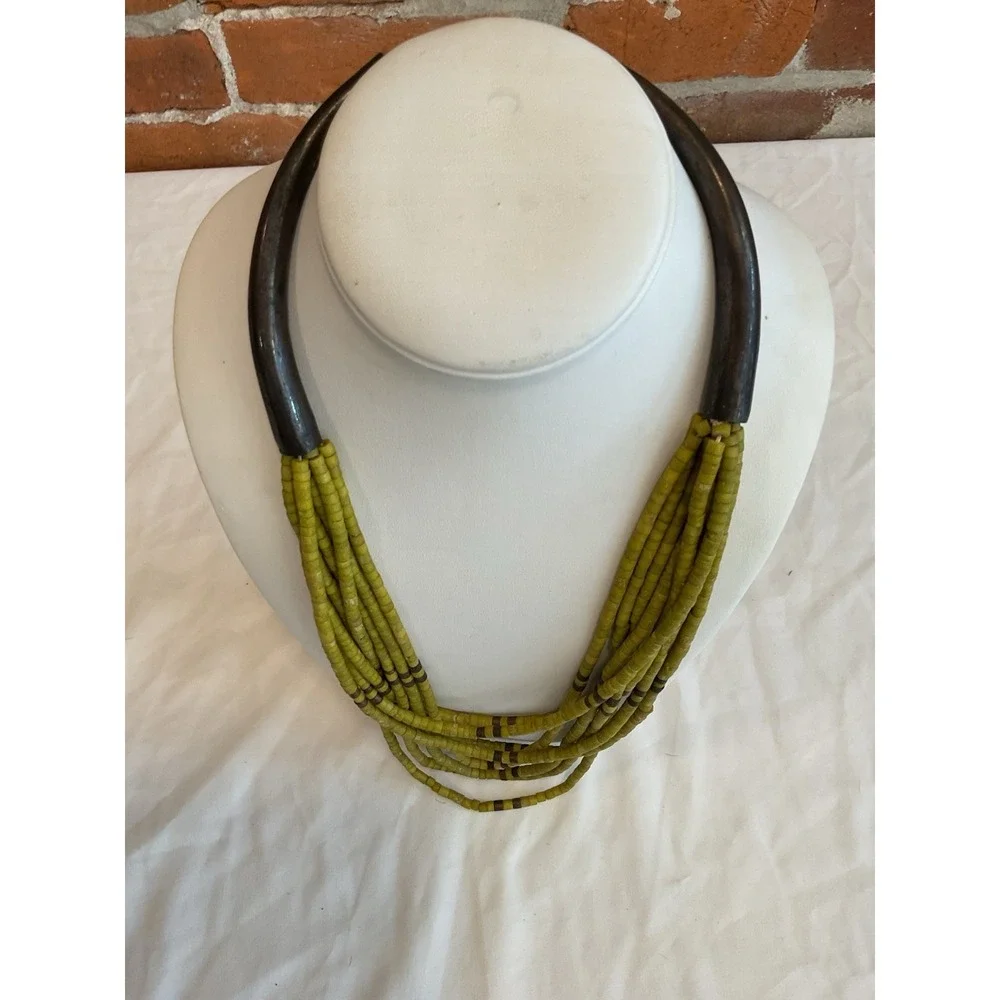 Green Multistrand Beaded Necklace Wooded Chunky Boho Hook Clasp Vintage African
